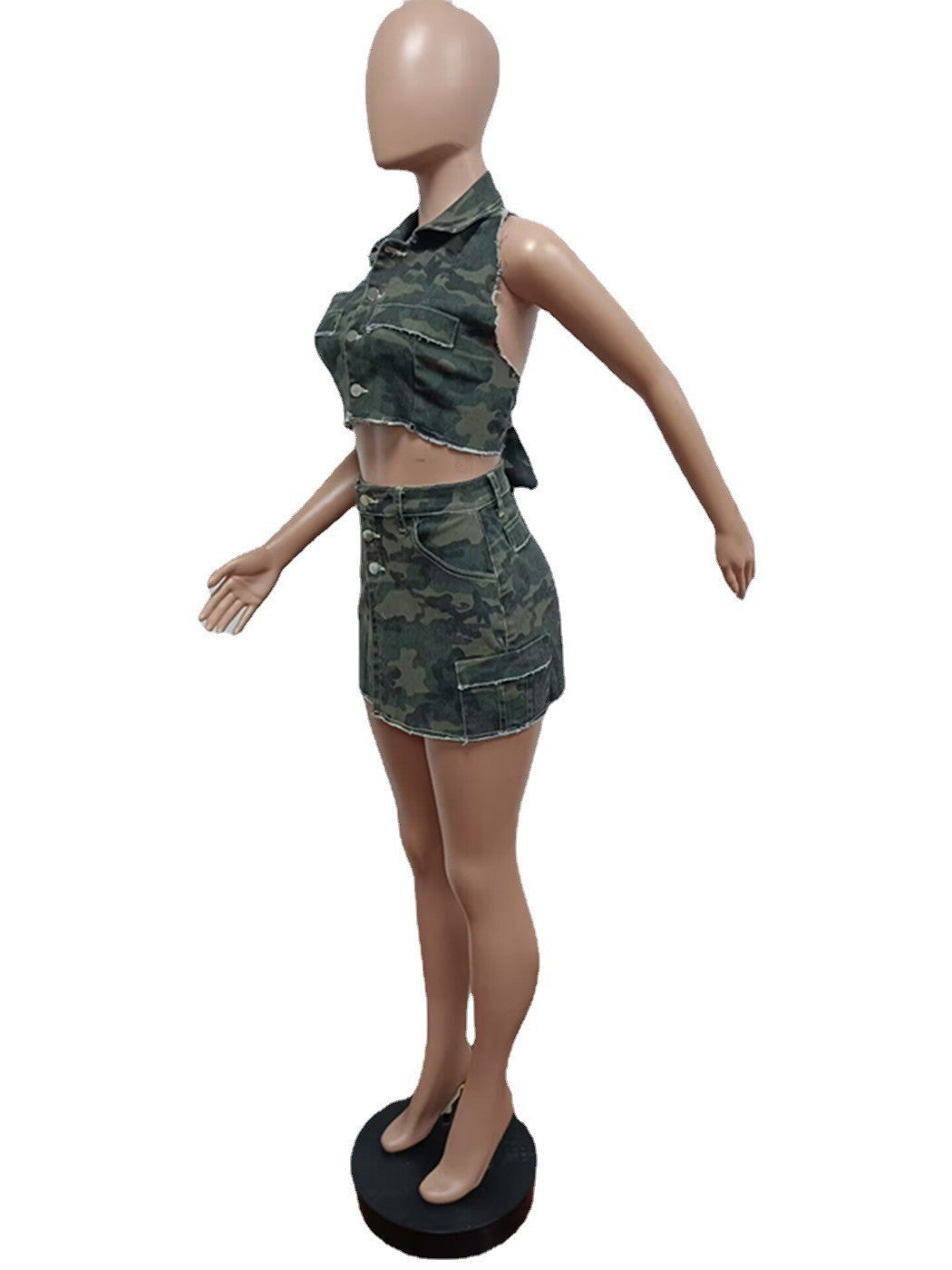 Camo Print Denim Bandage Sleeveless Skirts Two Piece Set