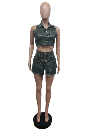 Camo Print Denim Bandage Sleeveless Skirts Two Piece Set