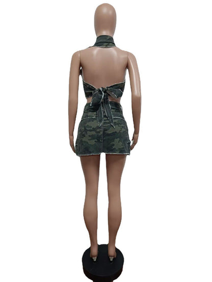 Camo Print Denim Bandage Sleeveless Skirts Two Piece Set