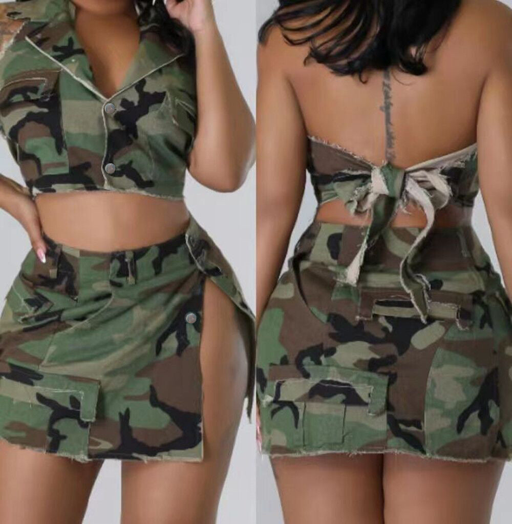 Camo Print Denim Bandage Sleeveless Skirts Two Piece Set