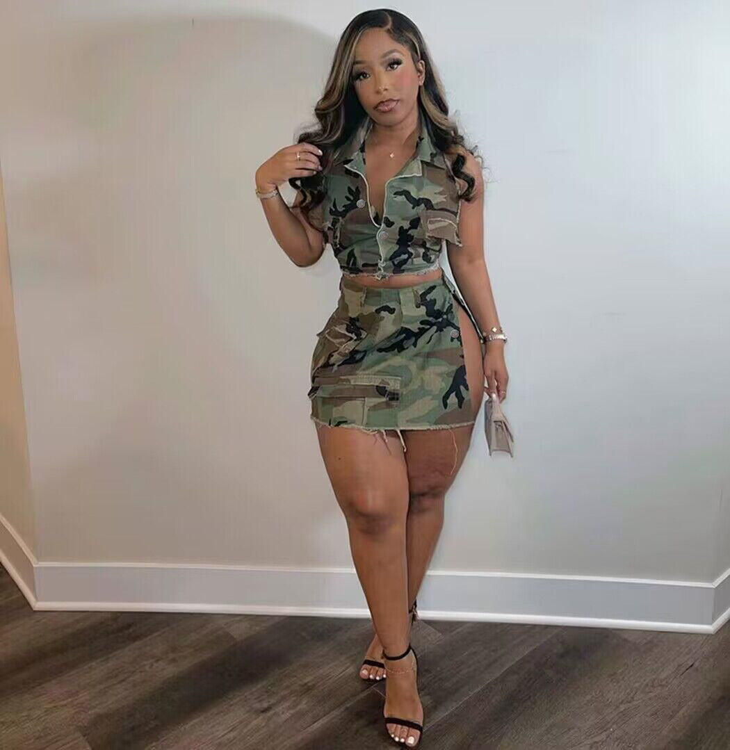 Camo Print Denim Bandage Sleeveless Skirts Two Piece Set