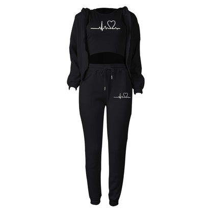 Padded Sweatshirt Hooded Letter Print Three Piece Set