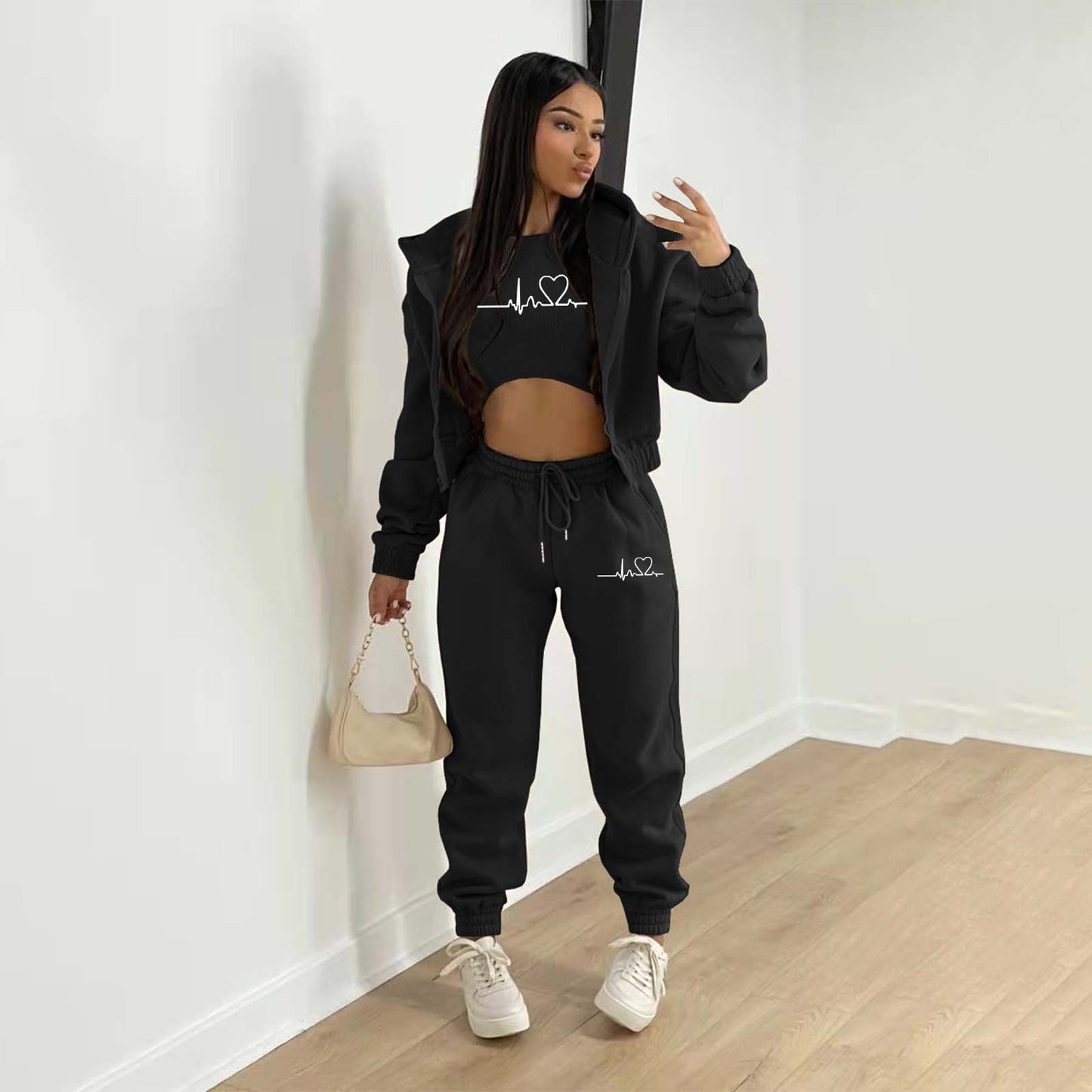 Padded Sweatshirt Hooded Letter Print Three Piece Set