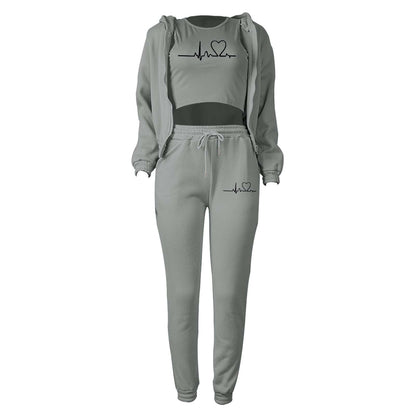 Padded Sweatshirt Hooded Letter Print Three Piece Set