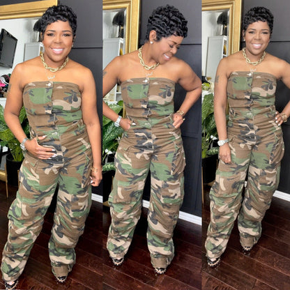 Camouflage Print Tube Tops Jumpsuit