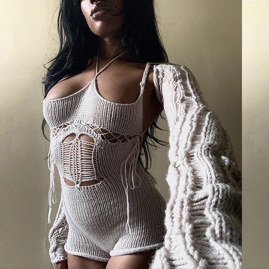 Sexy Hollow Out Knits Tie Up Tight Romper