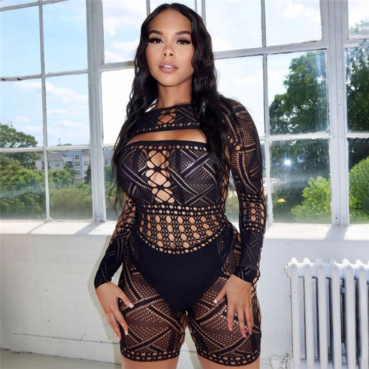 Sexy Hollow Out Lace Tight Knit Romper