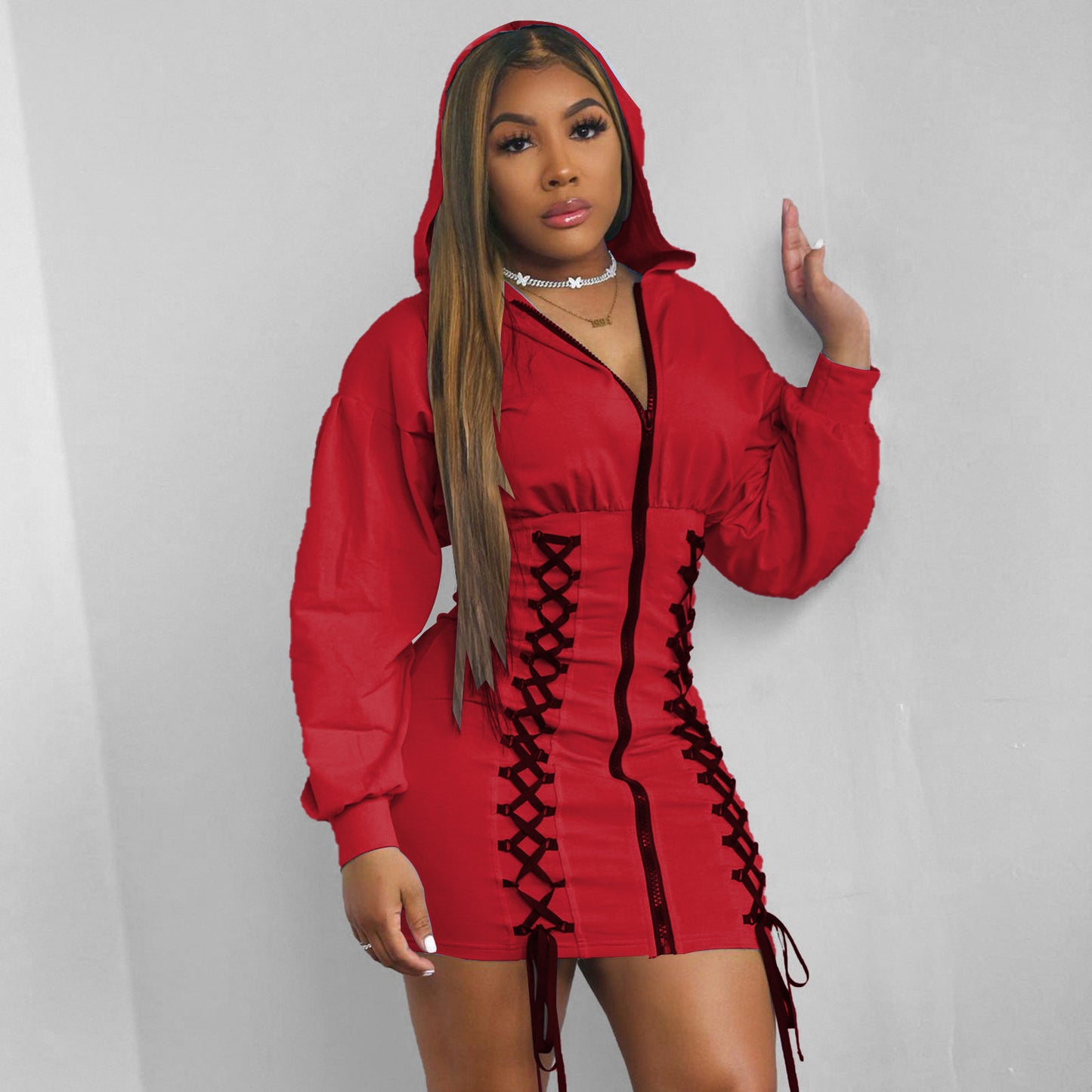 Long Sleeve Zipper Hooded Bandage Dress